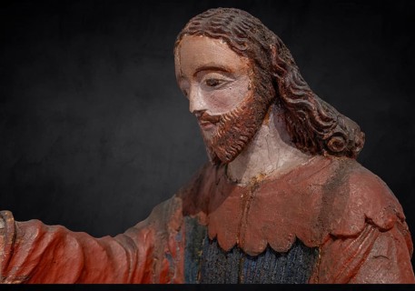 Christ on the palm donkey, on a dark background, detail, wooden figure from around 1400, Museum
