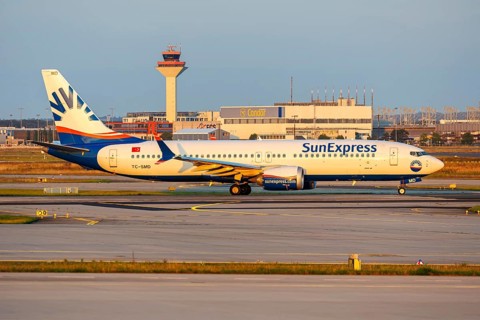 A Boeing 737-8 MAX aircraft of SunExpress with the registration TC-SMD at the airport in Frankfurt,
