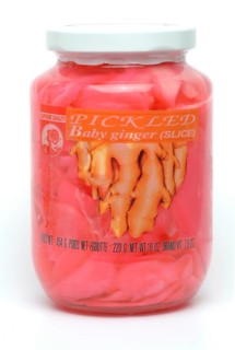 Sweet and sour pickled ginger from Korea, ginger slices in a jar