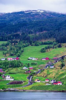 Mountains and Fiord over Norwegian Village in Olden, Innvikfjorden, Norway, Europe