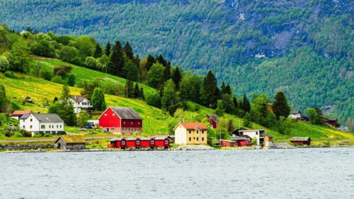 Mountains and Fjord over Norwegian Village, Olden, Innvikfjorden, Norway, Europe