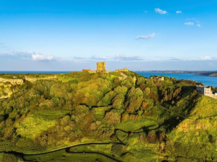 Scarborough Castle from a drone, Scarborough, North Yorkshire, England, United Kingdom, Europe