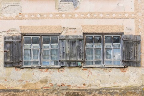 Old historic half-timbered house, windows, shutters, façade, in need of renovation, Swabian Alb,