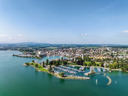 Harbour area, ferry port, yacht harbour, marina of Romanshorn with lake park, aerial view, Lake