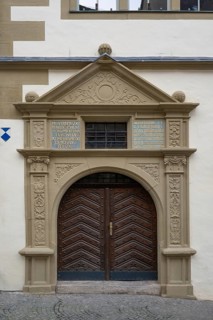 Entrance portal of the town hall, built from 1561 to 1563 in Renaissance style, Kaiserstr. 13,