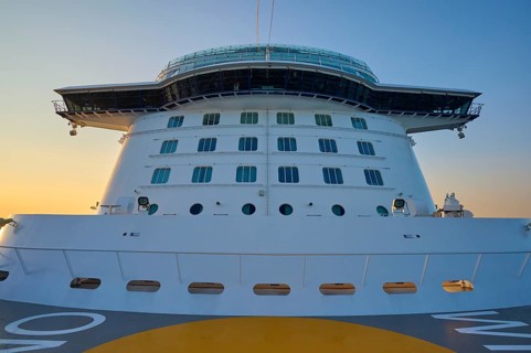 Cruise ship Mein Schiff 6, view from the hump to the bridge, at sunrise, North Sea, Denmark, Europe