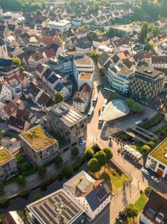 Aerial view of a cityscape with closely built houses, streets and modern buildings, Nagold, Black