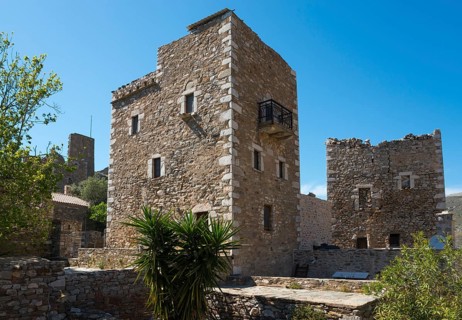 Historic stone towers and buildings in a traditional village, residential towers, Vathia, Ithylo,
