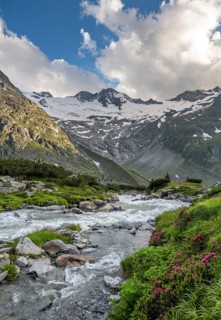 Mountain landscape with mountain stream Zemmbach, Berliner Hütte, behind mountain peak Steinmandl