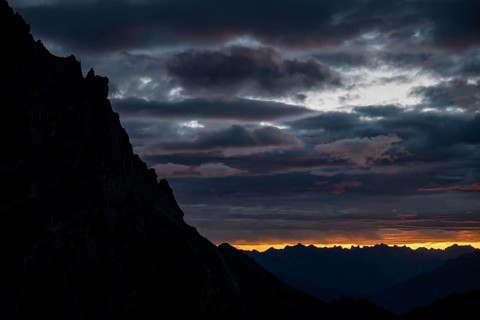 Montafon mountains with dramatic cloudy sky at sunrise, Tschagguns, Rätikon, Montafon, Vorarlberg,