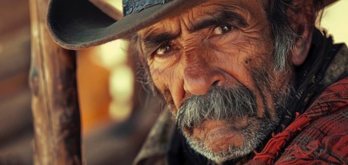 Authentic gaucho portrait. A man with a cowboy hat and beard is looking at the camera, AI generated
