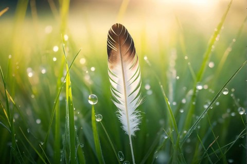 A lone feather resting gently on a dew-covered grassy field, with soft morning light illuminating