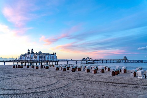The pier of Sellin, evening mood, sunset, 394 metres long, with restaurant, jetty, beach chairs,