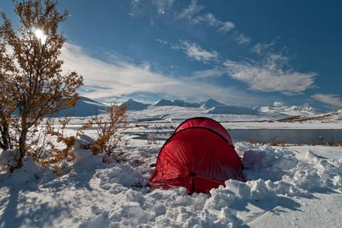 Tent in mountain landscape, Sarek National Park, Laponia World Heritage Site, Norrbotten, Lapland,