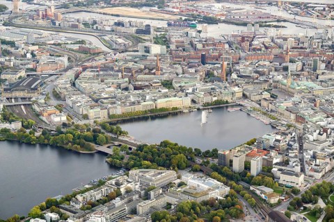 Aerial view of the Inner Alster and Outer Alster Lake with Jungfernstieg, City Hall, Speicherstadt