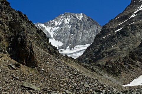 Wide scree fields in front of the Bietschhorn summit, Lötschental, Valais, Switzerland, Europe