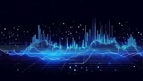 Abstract illustration of digital wave forms and circuits converging to form abstract symbols of