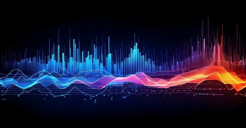 Abstract illustration of digital wave forms and circuits converging to form abstract symbols of