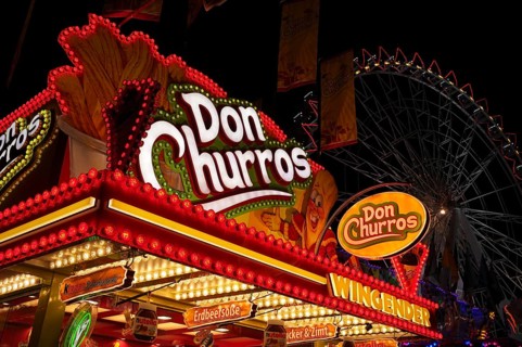 Night shot, stall, churros, confectionery, sweets, advertising, neon lighting, Cannstatter Wasen,