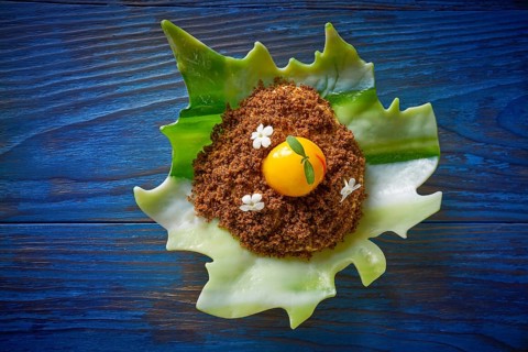 Modern cuisine ice cream with orange spherification and crispy caramelized cookie