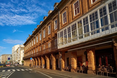 La Coruna facades near Port in Galicia of Spain