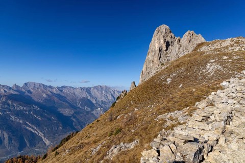 Pierre Avoi, view into the Rhone valley, rocky peak above Verbier, Valais, Switzerland, Europe