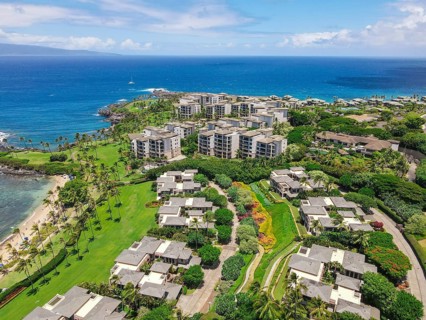 Aerial view of tropical destination with white sand and turquoise water. Kapalua coast in Maui,