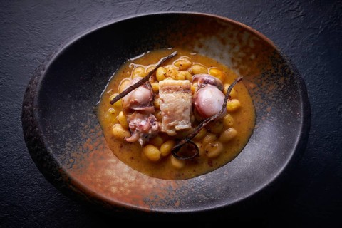 Judias pochas beans with calamari seafood and bacon
