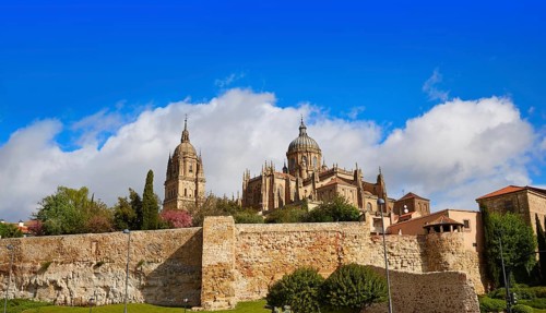 Salamanca Cathedral facade in Spain by the Via de la Plata way to Santiago
