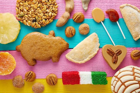 Mexican sweets and pastries cajeta tamarindo coconut flag Palanqueta puerquito