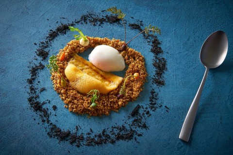 Eel recipe with eggs at low temperature foam and crispy as a round garden