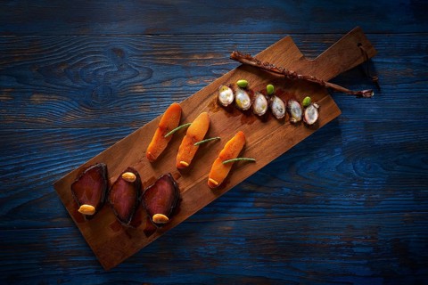 Marinated tuna roe and octopus salted smoked Mediterranean style with seaweed