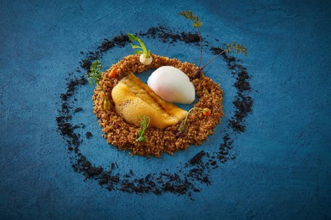 Eel recipe with eggs at low temperature foam and crispy as a round garden