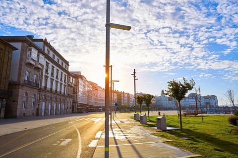 La Coruna facades near Port in Galicia of Spain