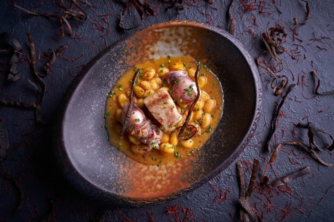Judias pochas beans with calamari seafood and bacon
