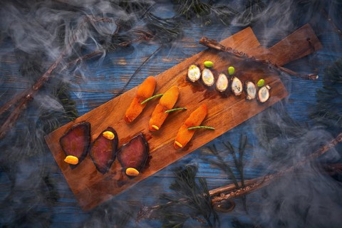 Marinated tuna roe and octopus salted smoked Mediterranean style with seaweed