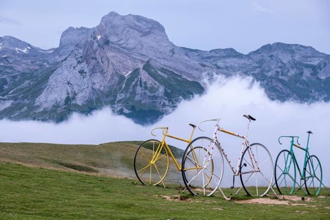 Giant bicycles tribute to the Tour, Col Aubisque, Aquitaine, French Pyrenees, France, Europe