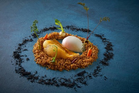 Eel recipe with eggs at low temperature foam and crispy as a round garden