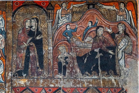 Visitation and birth of Jesus, altar frontal of Santa Maria de Iguacel, XIII century, tempera