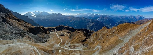 View from Les Attelas of the Valais Alps with Val de Bagnes, on the left Grand Combin with glacier