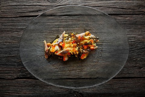 Smoked sardines salad with creamy cheese corn codium and hazelnuts