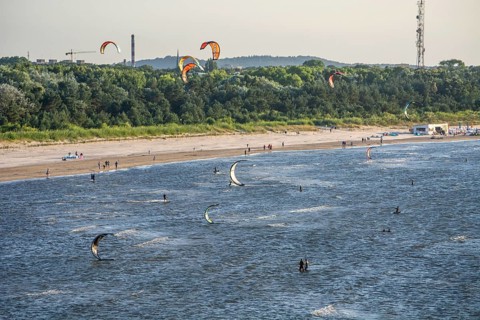 Kitesurfer on Baltic Sea at Swinoujscie, Western Pomerania, Baltic Sea, Poland, Europe