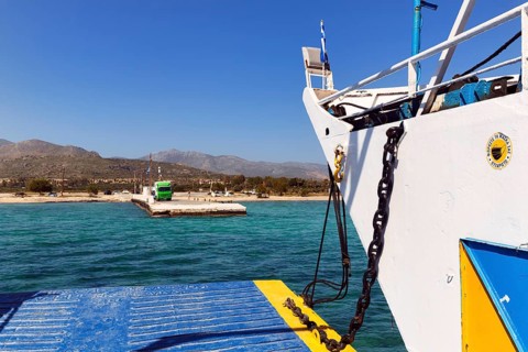 Passenger ferry departs, harbour, Elafonisos, Deer Island, Laconia, Peloponnese, Ionian Islands,