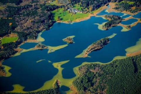 Aerial view, bird's eye view, Ostersee, Penzberg, Upper Bavaria, Bavaria, Germany, Europe