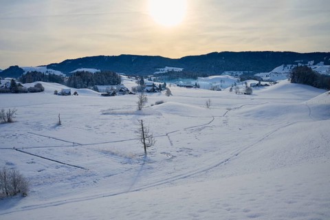 Snowy landscape with farms, rolling hills and mountains in the sunlight, Menzingen, Zug, Canton