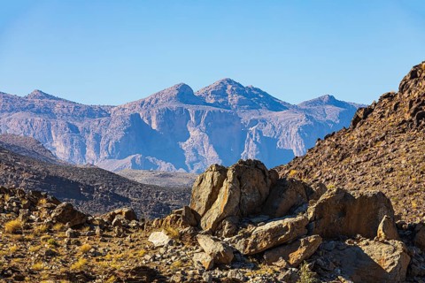 Boulders at dawn, behind the highest mountain in Oman, Jebel Shams, Arabian Peninsula, Sultanate of