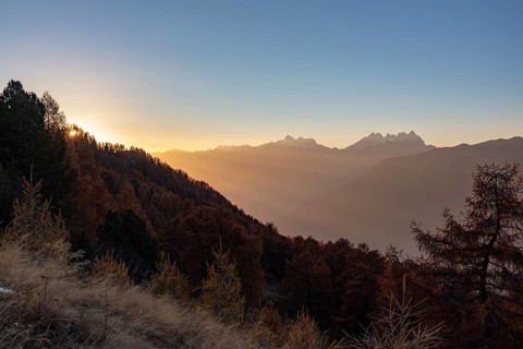Sunset, view of the Rhone valley with Dent zu Midi group, Riddes, Valais, Switzerland, Europe
