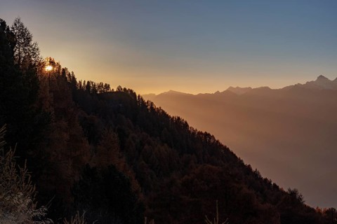 Sunset, view of the Rhone valley with Dent zu Midi group, Riddes, Valais, Switzerland, Europe