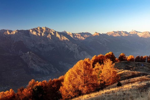 Sunset, autumnal larches, view of the Rhone valley with Saillon, La Tzoumaz, Riddes, Valais,