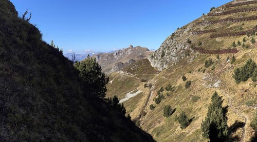 Ascent to Col des Mines, hiking trail with avalanche protection, behind Croix de Coeur, La Tzoumaz,